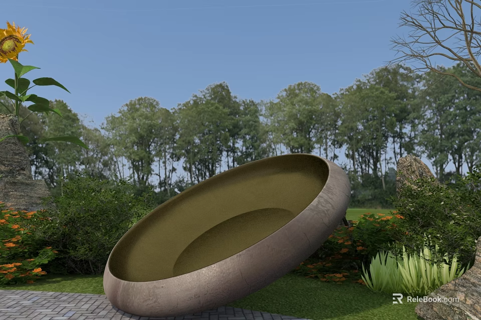 Outdoor Bowl Shaped Play Equipment Surrounded By Green Trees Lawn And Flowers 3d model 