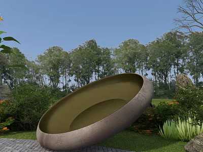 Outdoor Bowl Shaped Play Equipment Surrounded By Green Trees Lawn And Flowers 3d model