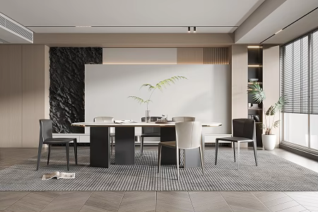 Modern Restaurant Dining Table and Chair Floor Lamp TV Wall Cream Restaurant Stairs TV Cabinet 3d model