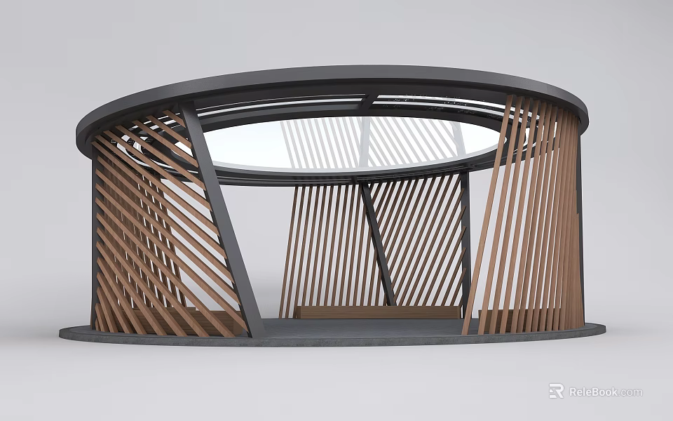 Modern Circular Pavilion With Wooden Slats Black Frame And Transparent Skylight 3d model 