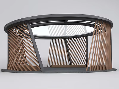 Modern Circular Pavilion With Wooden Slats Black Frame And Transparent Skylight 3d model