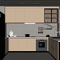 Modern Kitchen With Beige Cabinets Gray Refrigerator Oven Sink And Window Shelves With Bowls