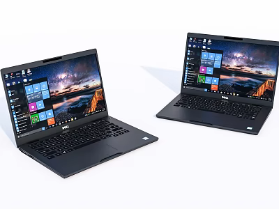 Two Black Laptops With Windows Interface Scenic Background And App Icons 3d model