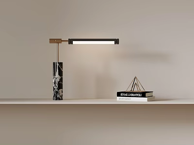 Table Lamp With Marble Base Metal Arm Slim Rectangular Shade And Books On Shelf 3d model