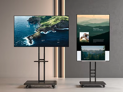 Two TVs on Rolling Stands Showing Ocean and Mountain Scenic Screen Views 3d model
