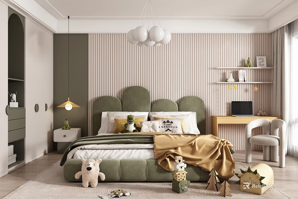 Kids Room with Green Cloud Headboard Striped Wallpaper White Pendant Lights Desk Shelves Stuffed Toys 3d model 