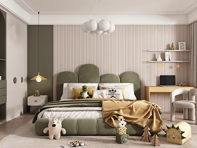 Kids Room with Green Cloud Headboard Striped Wallpaper White Pendant Lights Desk Shelves Stuffed Toys 3d model