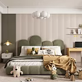 Kids Room with Green Cloud Headboard Striped Wallpaper White Pendant Lights Desk Shelves Stuffed Toys