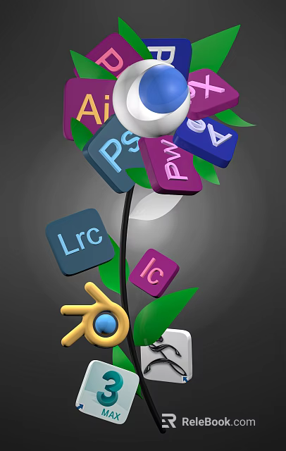 White Flower Plant with Green Leaves Colorful Letter Blocks and Yellow Hand Icon 3d model 