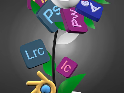 White Flower Plant with Green Leaves Colorful Letter Blocks and Yellow Hand Icon 3d model