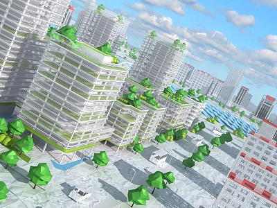Cartoon City Scene With Green Rooftop Buildings Tall Skyscrapers And Trees 3d model