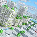 Cartoon City Scene With Green Rooftop Buildings Tall Skyscrapers And Trees