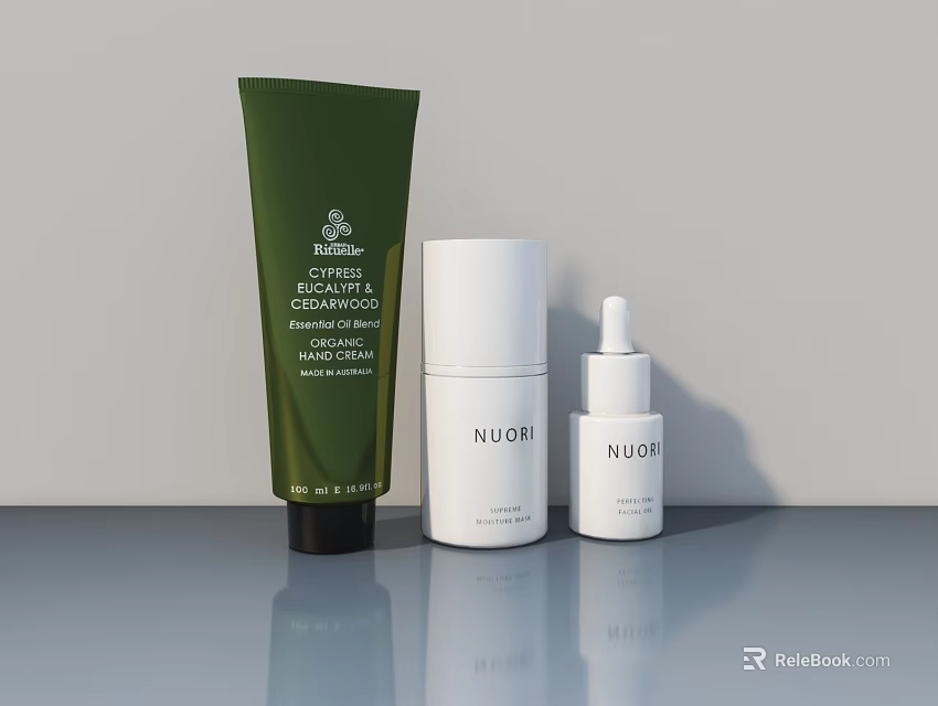 NUODI Skincare Collection With Green Tube And White Bottles 3d model 