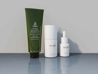 NUODI Skincare Collection With Green Tube And White Bottles 3d model