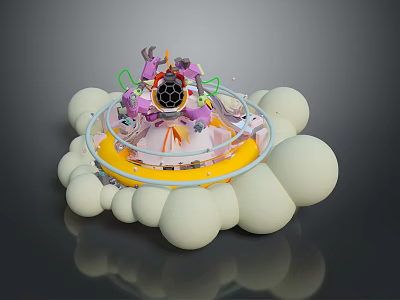 Colorful Biological Mechanical Creature Surrounded By White Spheres On Circular Platform 3d model