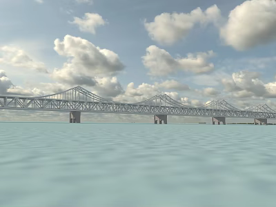Long Truss Bridge Spanning Over Calm Water Under Blue Sky With White Clouds 3d model