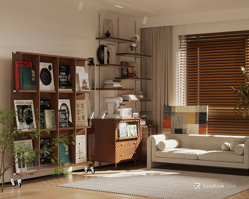 Cozy Living Room Interior With Beige Sofa Wooden Bookshelf Light Rug And Wooden Blinds 3d model 