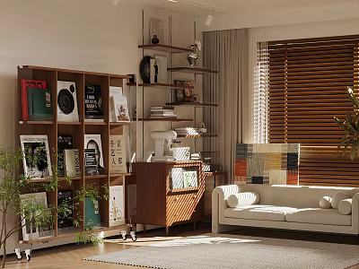 Cozy Living Room Interior With Beige Sofa Wooden Bookshelf Light Rug And Wooden Blinds 3d model