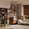 Cozy Living Room Interior With Beige Sofa Wooden Bookshelf Light Rug And Wooden Blinds