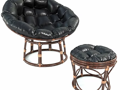 Black Padded Leather Leisure Chair With Rattan Frame And Matching Ottoman For Comfortable Seating 3d model