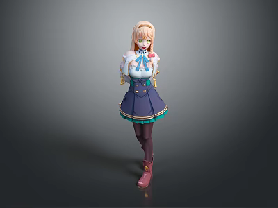 3D Model Anime Female Character With Blonde Hair Blue White Top Purple Skirt Pink Boots 3d model