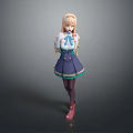 3D Model Anime Female Character With Blonde Hair Blue White Top Purple Skirt Pink Boots