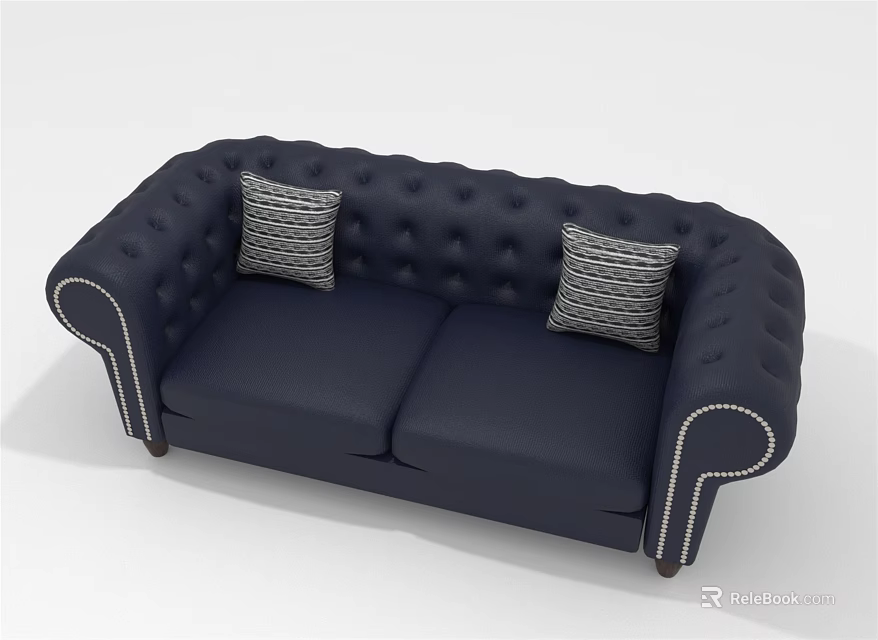 Classic Navy Blue Leather Two Seater Sofa With Striped Pillows And Stud Detail 3d model 