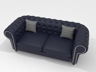 Classic Navy Blue Leather Two Seater Sofa With Striped Pillows And Stud Detail 3d model