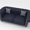 Classic Navy Blue Leather Two Seater Sofa With Striped Pillows And Stud Detail