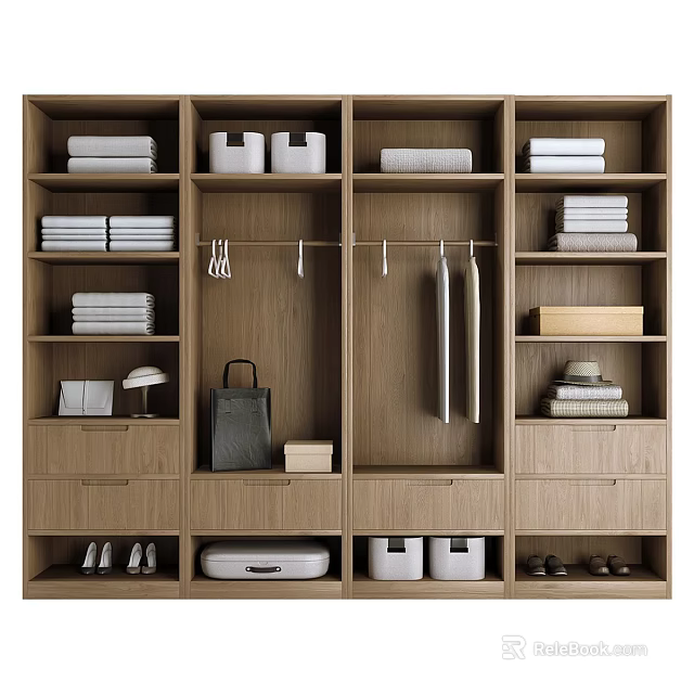 Modern Wooden Wardrobe Interior With Folded Clothes Hanging Rod And Storage Drawers 3d model 