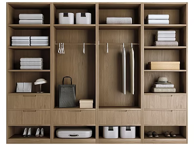 Modern Wooden Wardrobe Interior With Folded Clothes Hanging Rod And Storage Drawers 3d model
