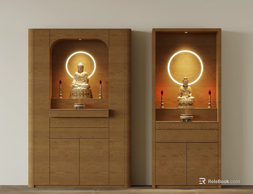 Wooden Buddhist Shrine Cabinet with Illuminated Circular Halo Buddha Statue and Candles 3d model 
