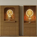 Wooden Buddhist Shrine Cabinet with Illuminated Circular Halo Buddha Statue and Candles
