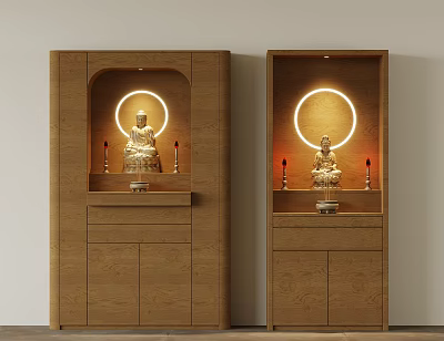 Wooden Buddhist Shrine Cabinet with Illuminated Circular Halo Buddha Statue and Candles 3d model