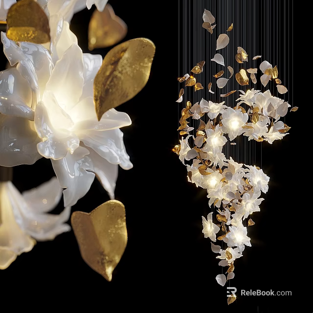 White Flower Shaped Chandelier with Golden Leaves Elegant Hanging Lighting Decorative Design 3d model 