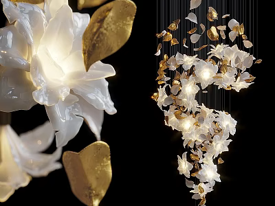 White Flower Shaped Chandelier with Golden Leaves Elegant Hanging Lighting Decorative Design 3d model