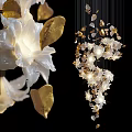 White Flower Shaped Chandelier with Golden Leaves Elegant Hanging Lighting Decorative Design