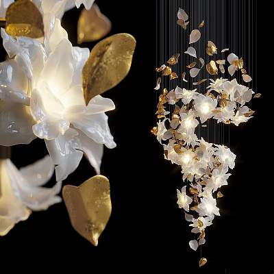 White Flower Shaped Chandelier with Golden Leaves Elegant Hanging Lighting Decorative Design 3d model