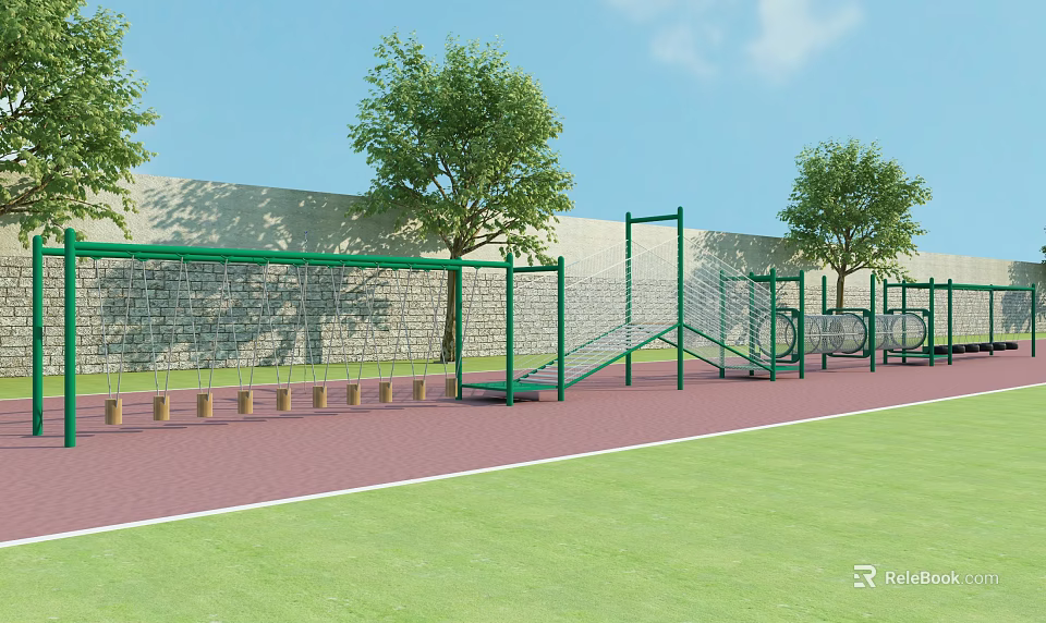 Outdoor Playground Equipment With Green Climbing Frames Swings Trees Stone Wall Red Track Grass Field 3d model 