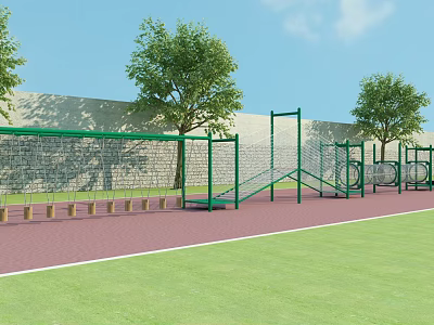 Outdoor Playground Equipment With Green Climbing Frames Swings Trees Stone Wall Red Track Grass Field 3d model