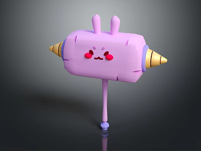 Cute Pink Cartoon Hammer with Rabbit Ears Blush Cheeks and Yellow Cone Ends 3d model