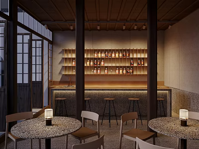 Modern Restaurant Interior With Wooden Ceiling Bar Counter Stools Wine Racks Round Tables And Chairs 3d model