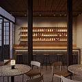 Modern Restaurant Interior With Wooden Ceiling Bar Counter Stools Wine Racks Round Tables And Chairs