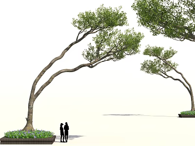 Arbor With Curved Trunks Green Leaves And Two People Standing Nearby 3d model