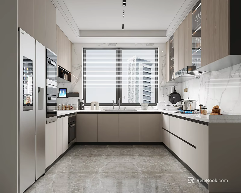 Modern Kitchen Interior With Light Colored Cabinets Marble Countertop And Natural Light 3d model