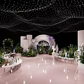 Romantic Pink Banquet Hall Interior With Floral Arch String Lights And White Sculptures