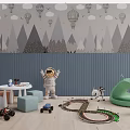 Kids Table with Astronaut Toy Cars Track Soft Stools and Cloud Hot Air Balloon Wallpaper