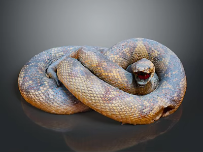 Brownish Yellow Spotted Snake Coiled With Open Mouth Red Interior On Dark Background 3d model