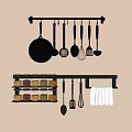 Wall Mounted Kitchen Storage Rack With Hanging Utensils Spice Jars And Towel 3d model