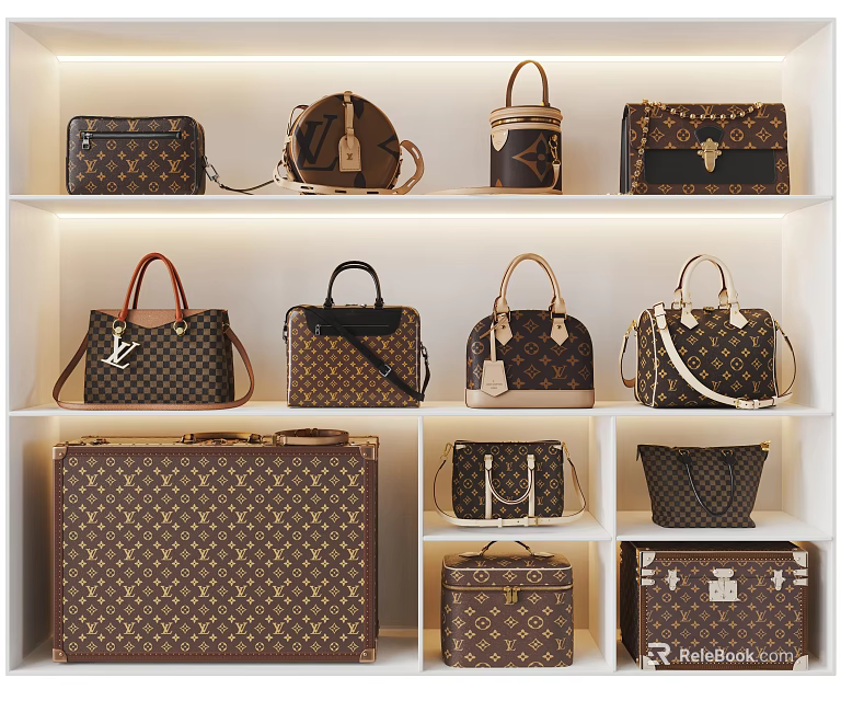 Various Styles Of Bags And Suitcases With Classic Pattern Displayed On White Shelves 3d model 